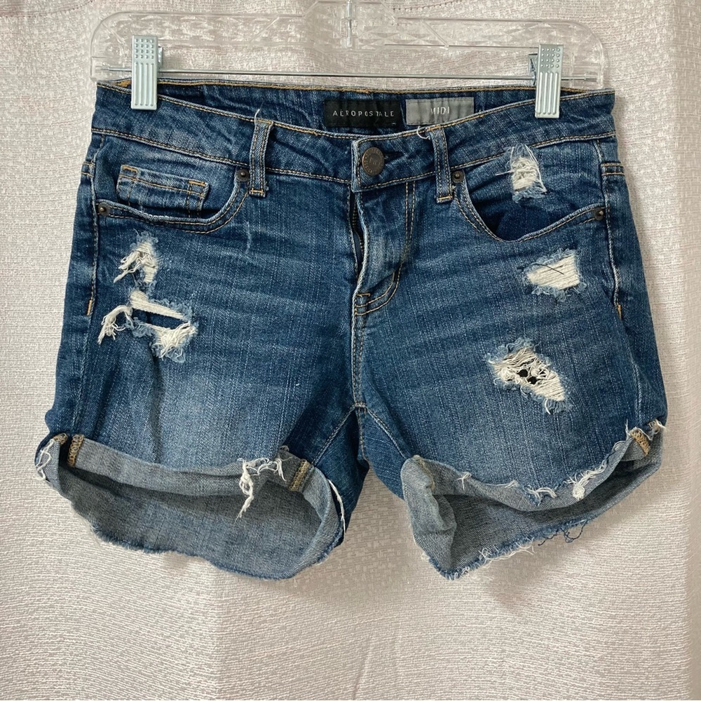 Aeropostale Women’s Distressed Dark Blue Midi Shorts Size 2 Stretch Ripped Denim